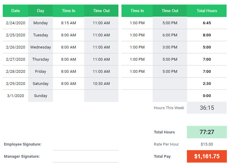 bi-weekly timesheet template